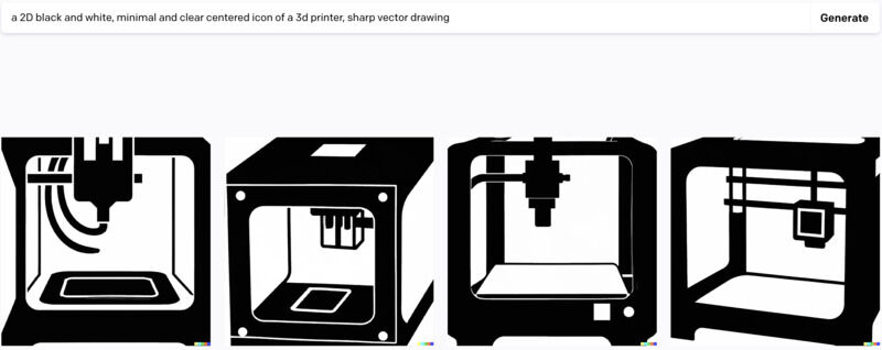 icons for a 3D printer - generated by Dall-e, the prompt is given in the top row