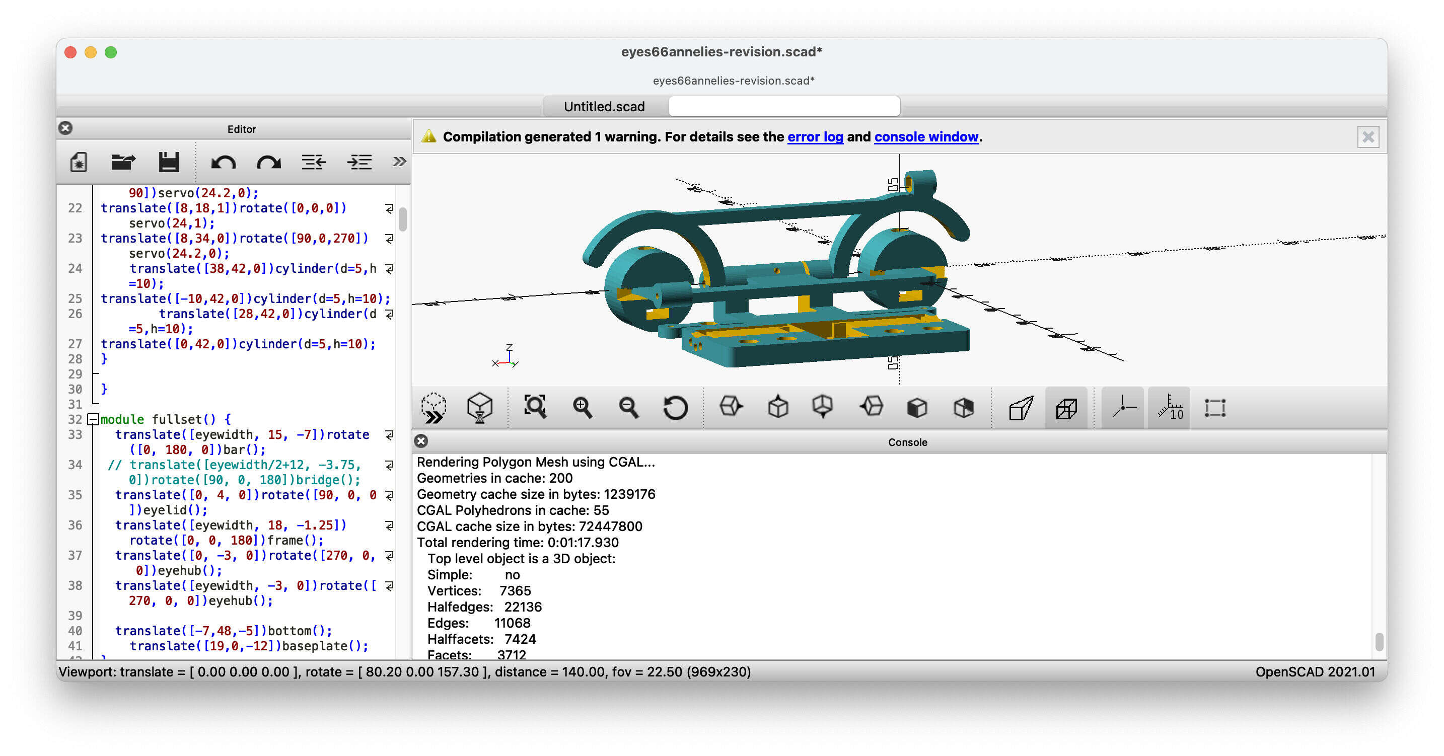 Assembly of parts for an eye mechanism in OpenSCAD