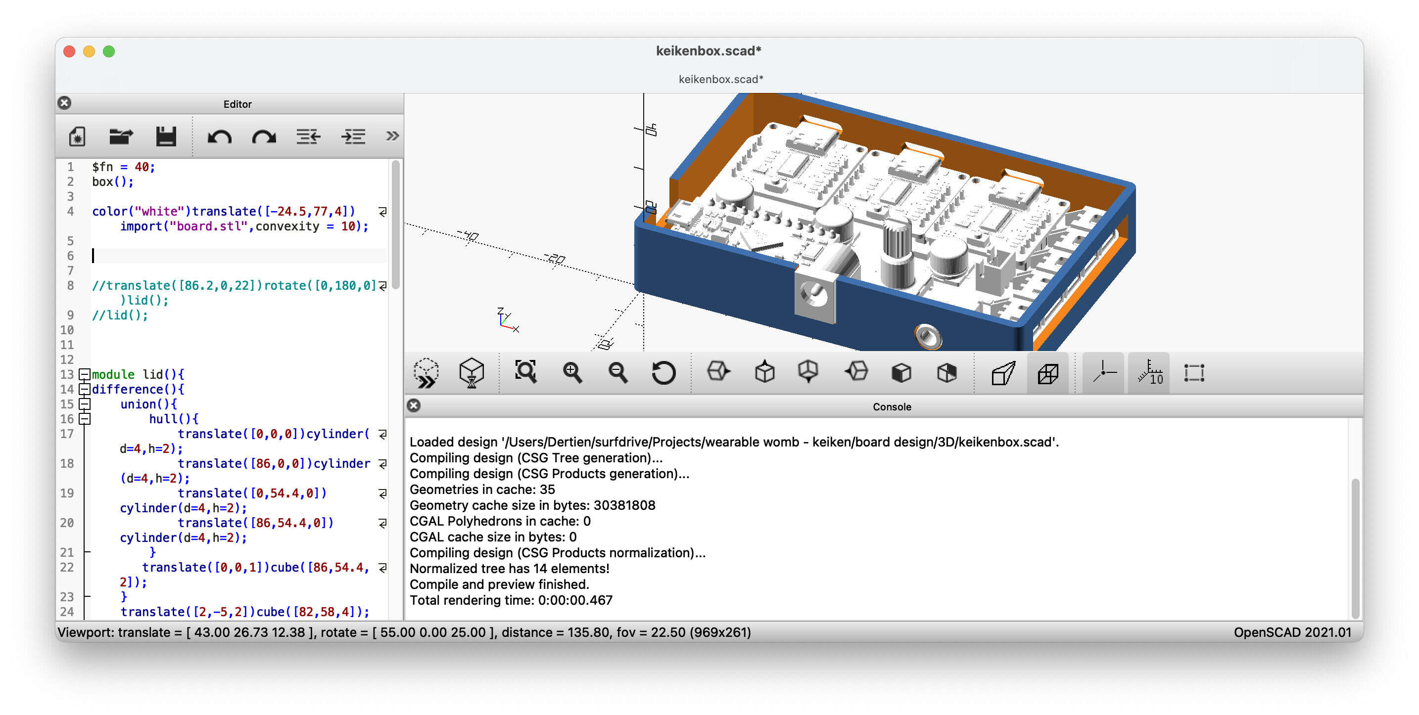 a box drawn around an imported *.stl file of a PCB