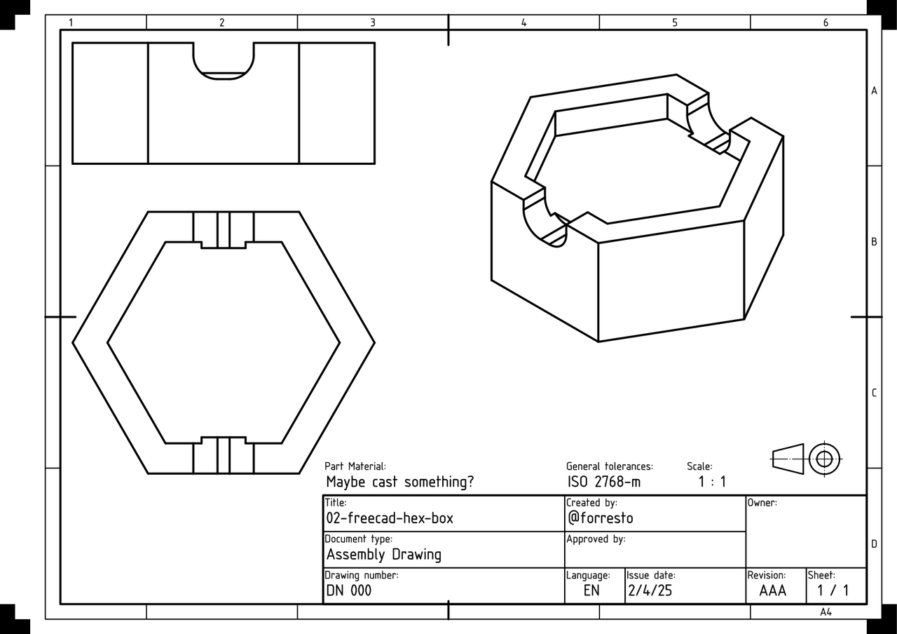 FreeCAD TechDraw output as a 1 to 1 drafting of different views of the model.