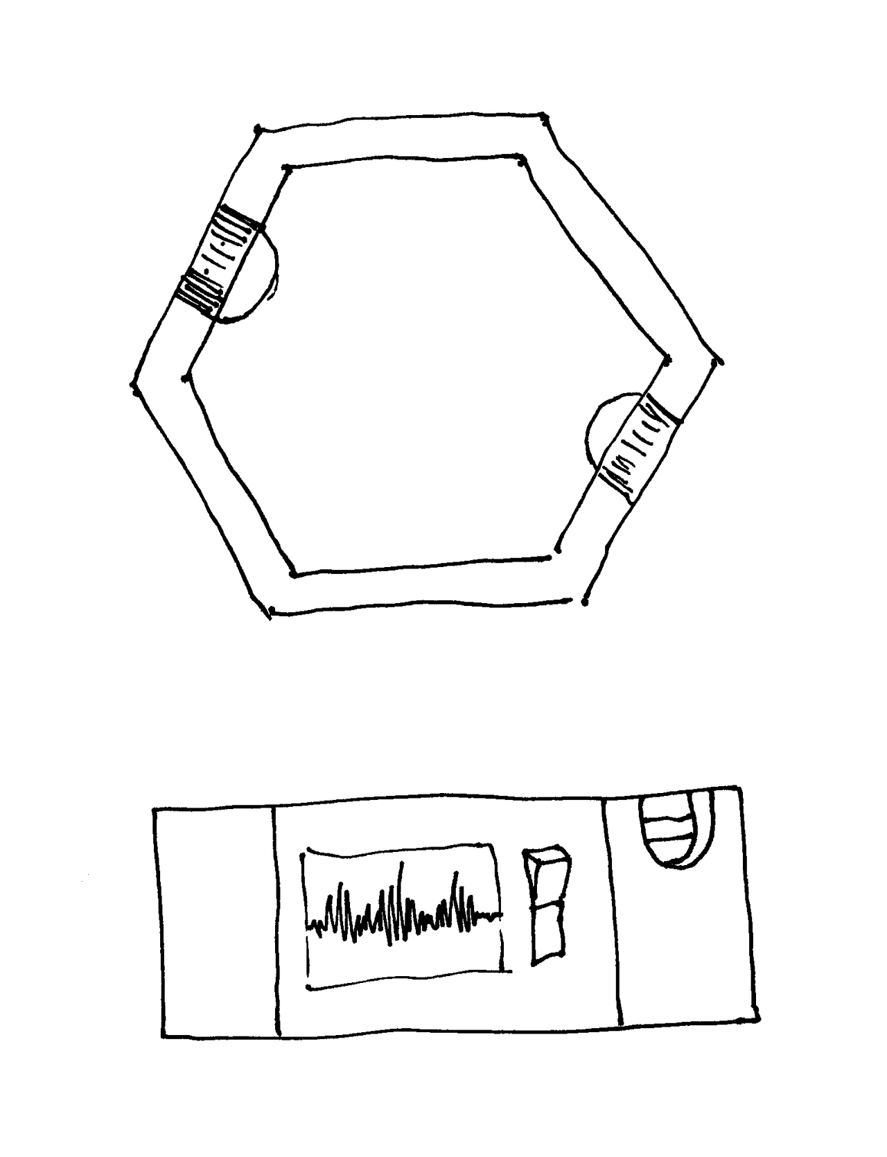 Hand drawn sketch, top and front views of a hexagonal music box.