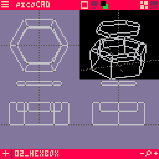 picoCAD interface with top, perspective, front, and side views.