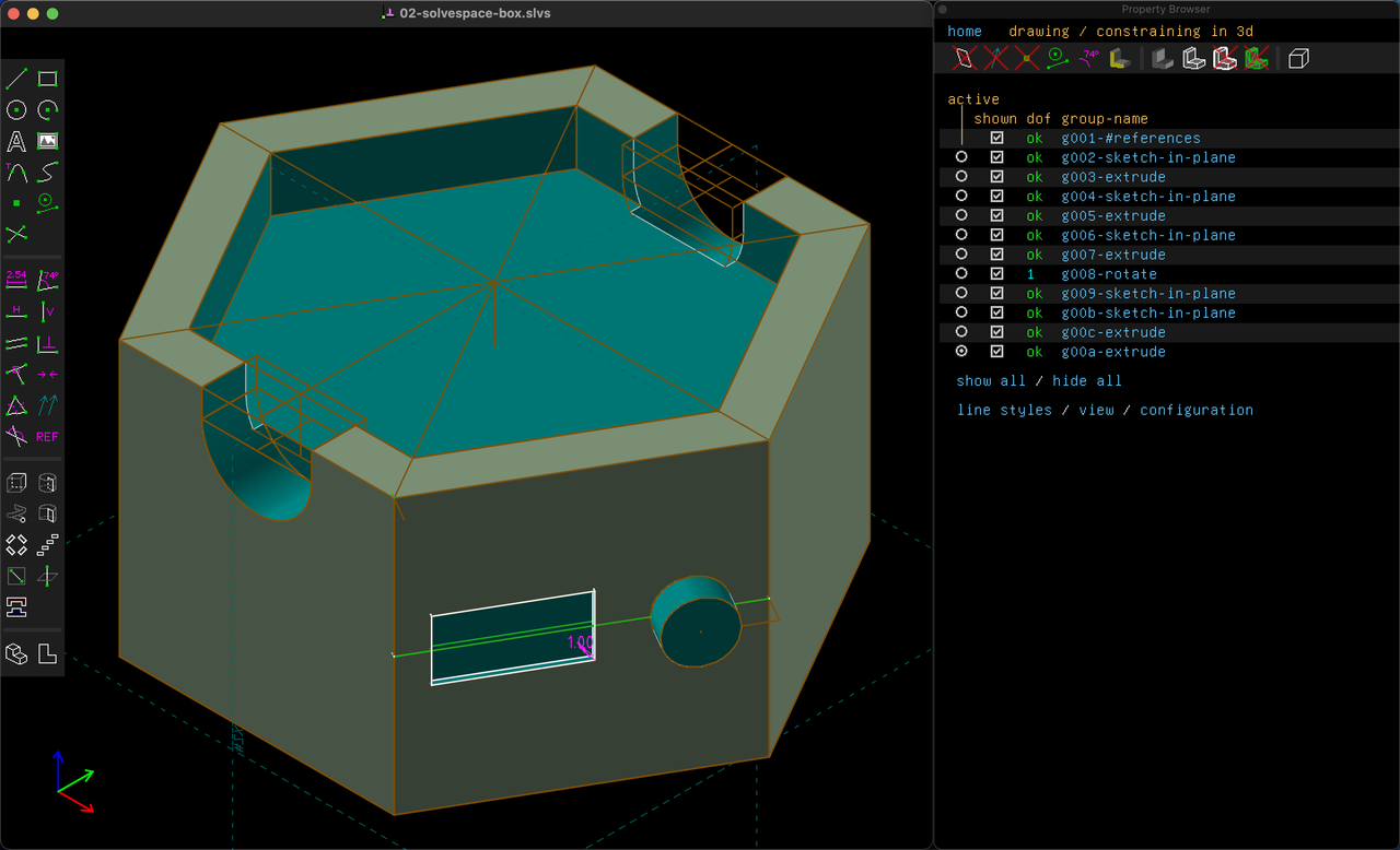 SolveSpace interface, modeling a green hexagon box, inset top, and slots for fingers to pick up the music token.