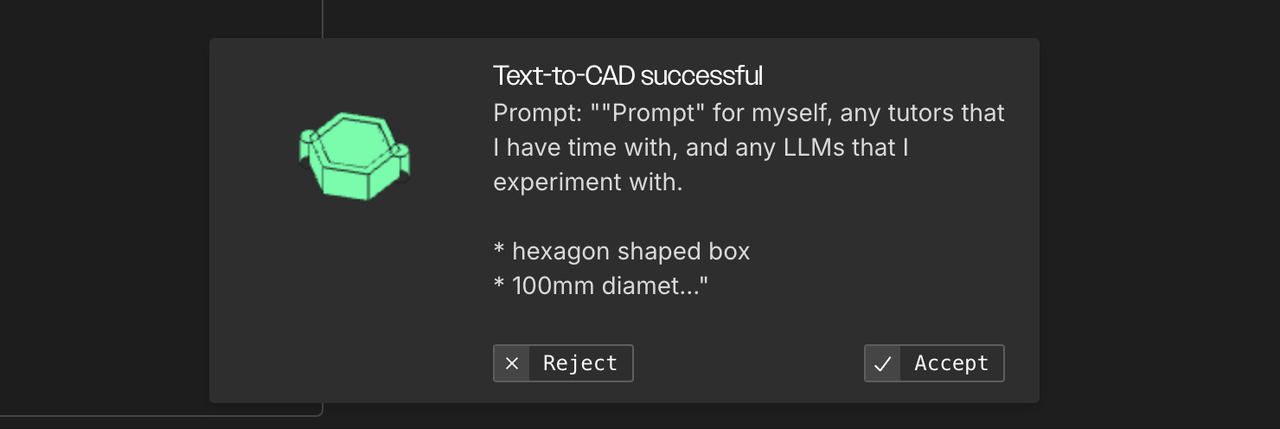 Small toast message on the bottom that Text-to-CAD has succeeded.