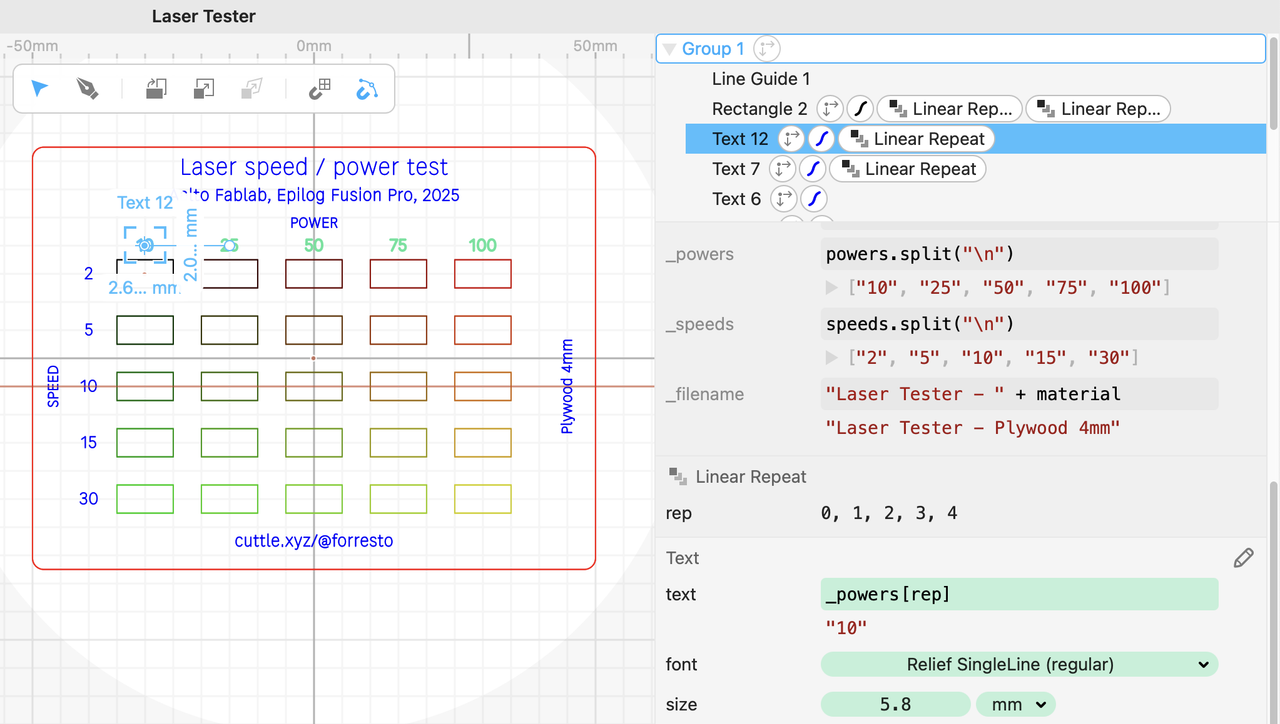 Cuttle setup for parametric labels.