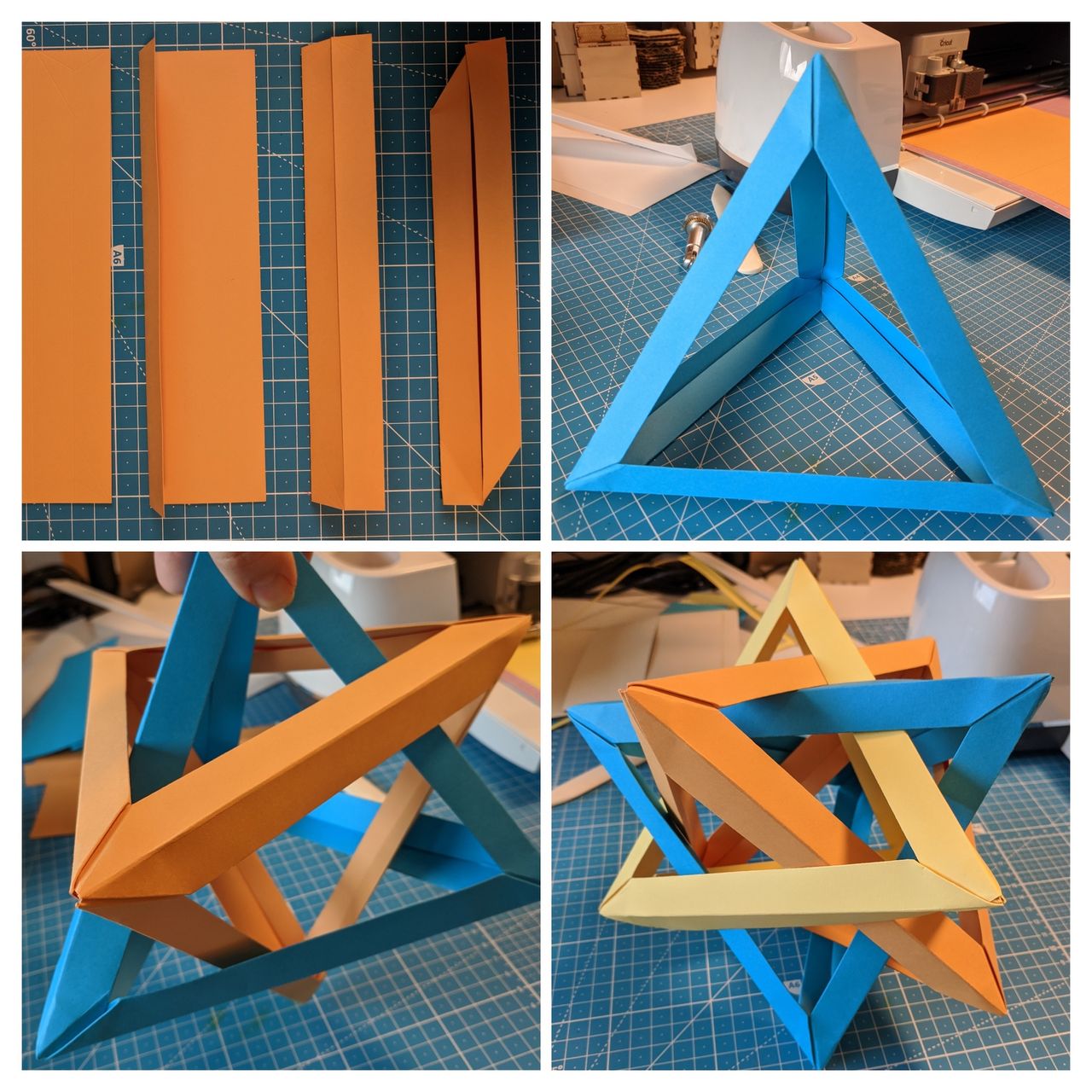 Folding the unit, one tetraheron, two intersecting tetrahedra, and three.