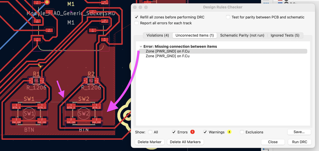 KiCAD PCB Editor DRC interface. "Error: Missing connection between items