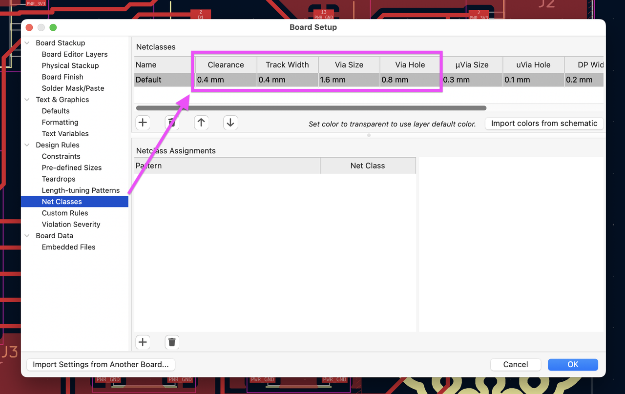 KiCAD interface to set default dimensions.