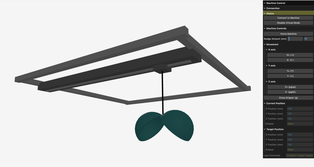 Screenshot of the interface for machine control, with 3d viz of x/y gantry and gripper hanging from a cable.