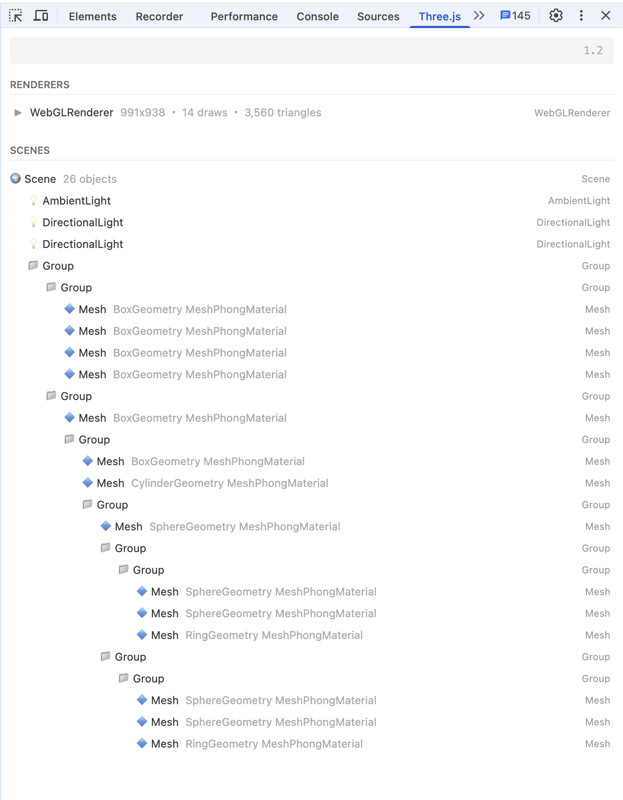 Screenshot of Three.js DevTools.