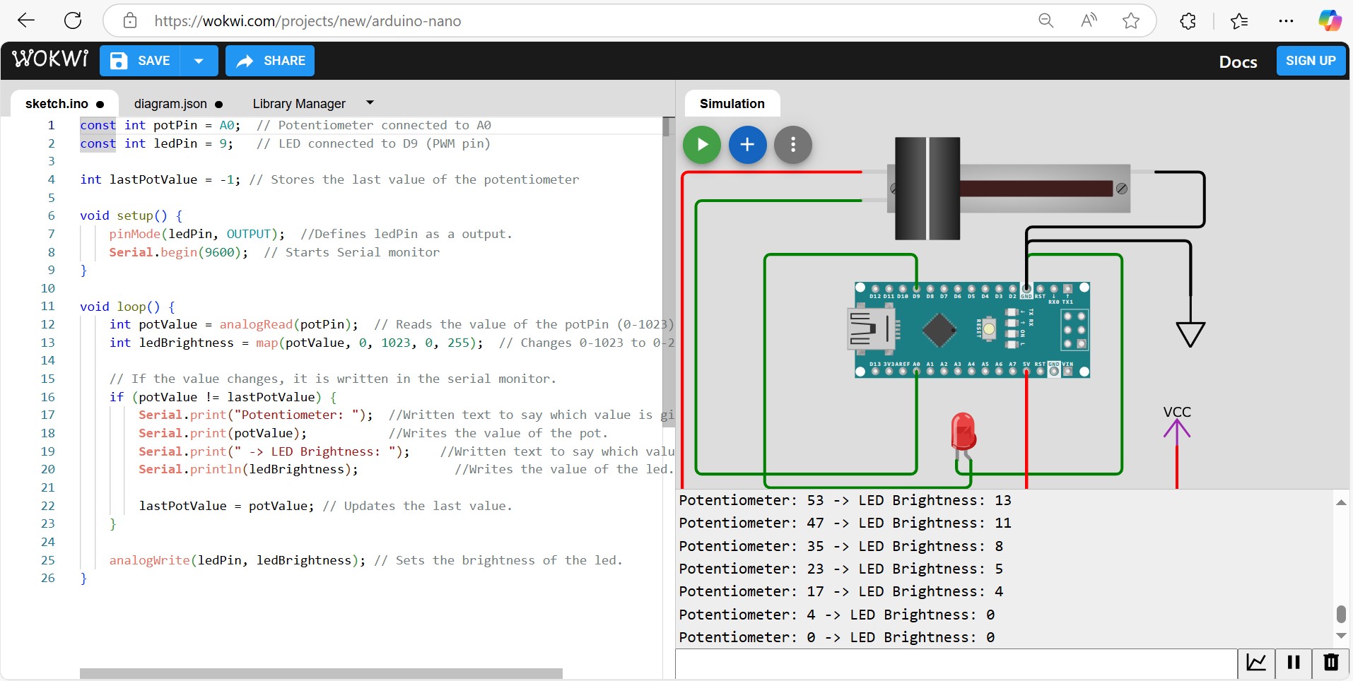 Arduino_Nano simulation in Wokwi