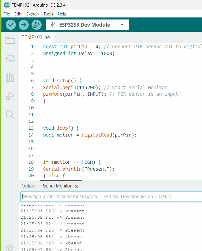 PIR Code and Serial Output