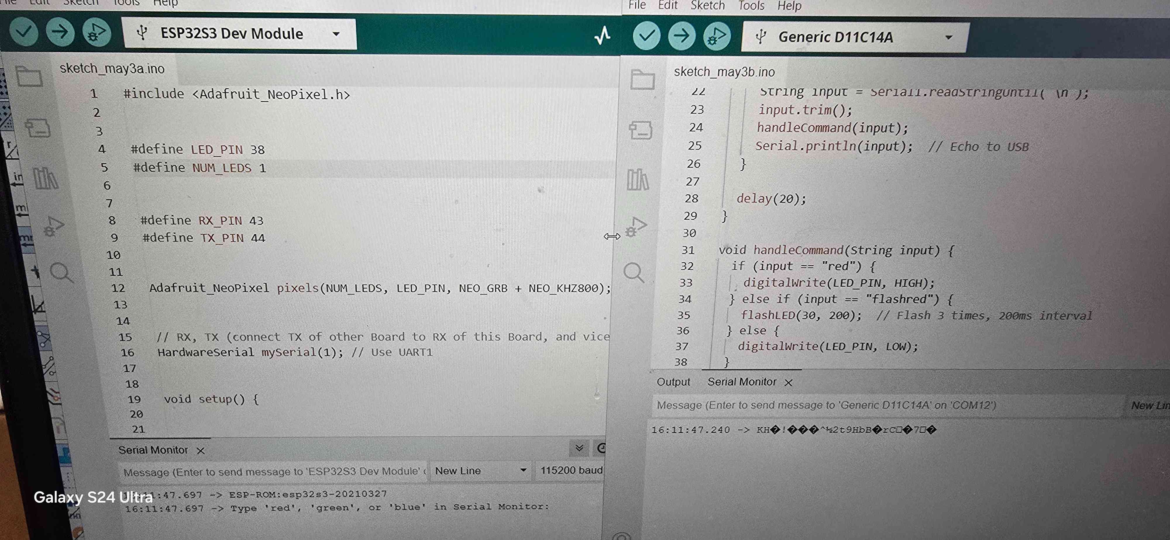 ESP32 and SAMD11C Code Side by Side
