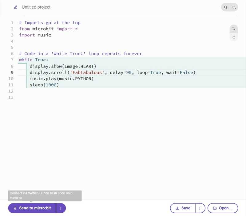 Python code in micro:bit editor