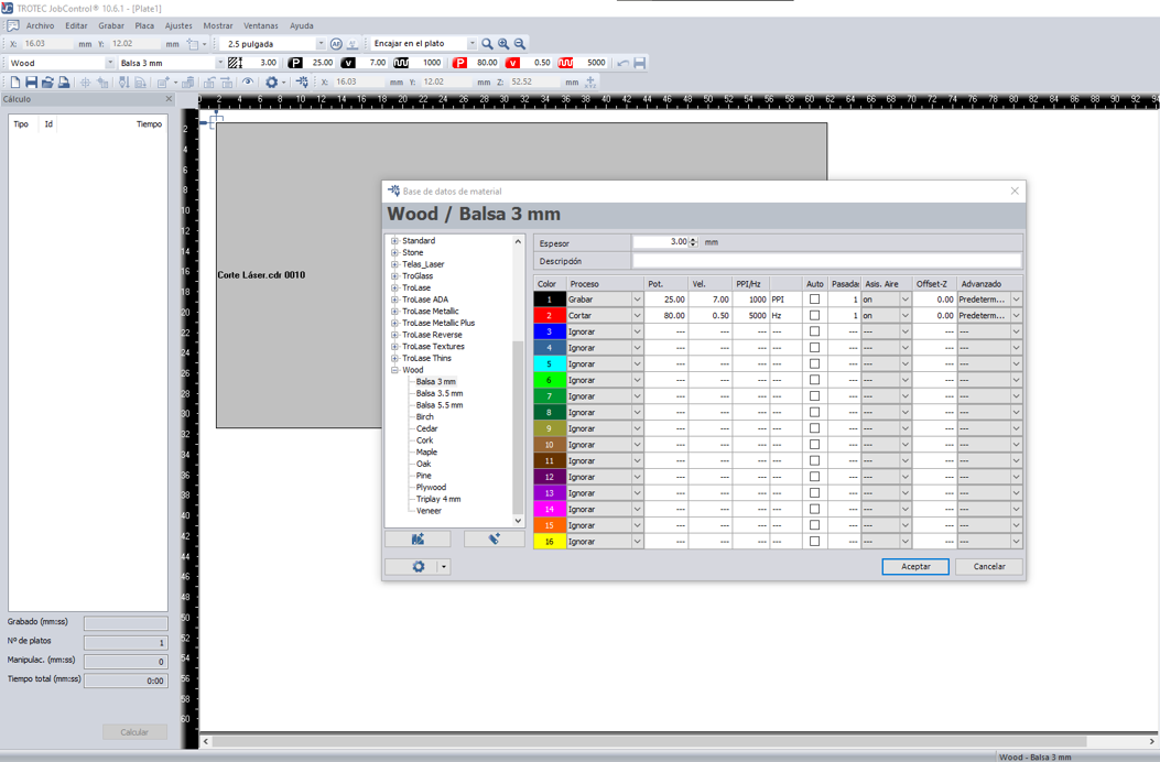 Job Control material settings