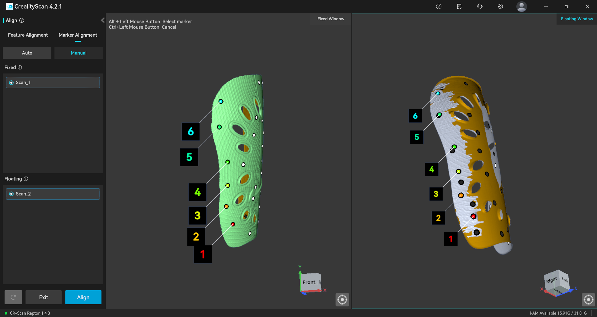 Automatic alignment of two scan passes