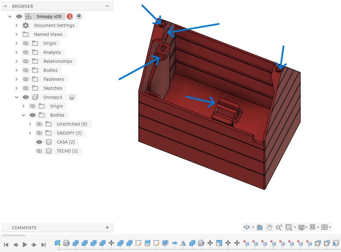 Fusion 360 — CASA front-interior view: buzzer opening, PCB bracket, cable guides