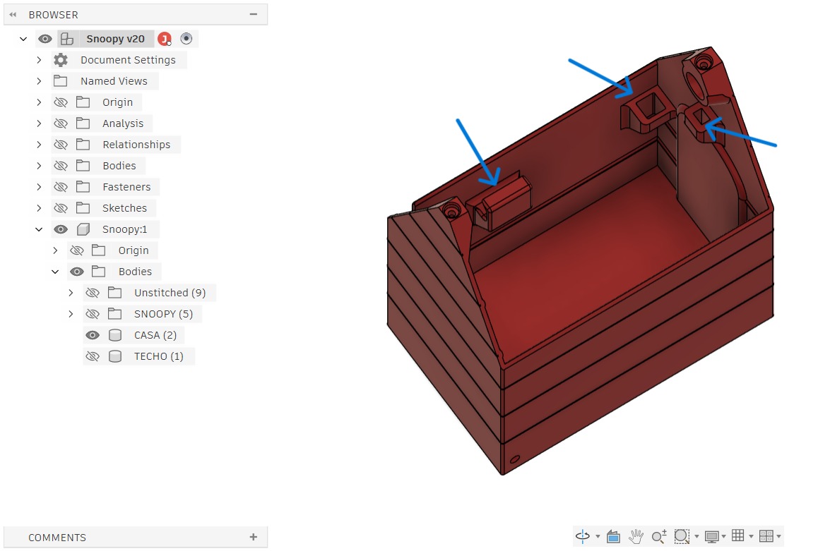 Fusion 360 — CASA rear-interior view: display cable entry, connector channel, PCB recess