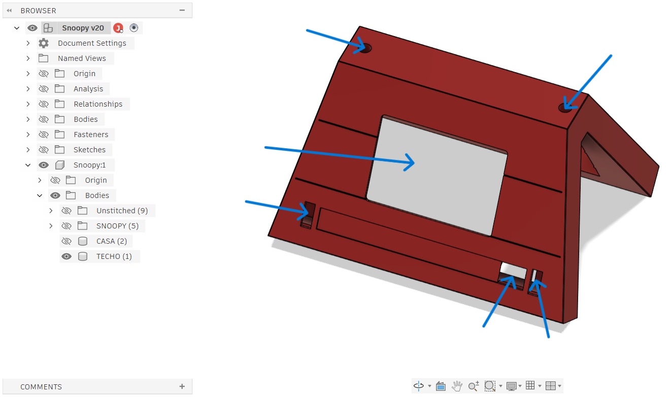 Fusion 360 — TECHO exterior: display window, M3 holes, USB-C slot, power cutout