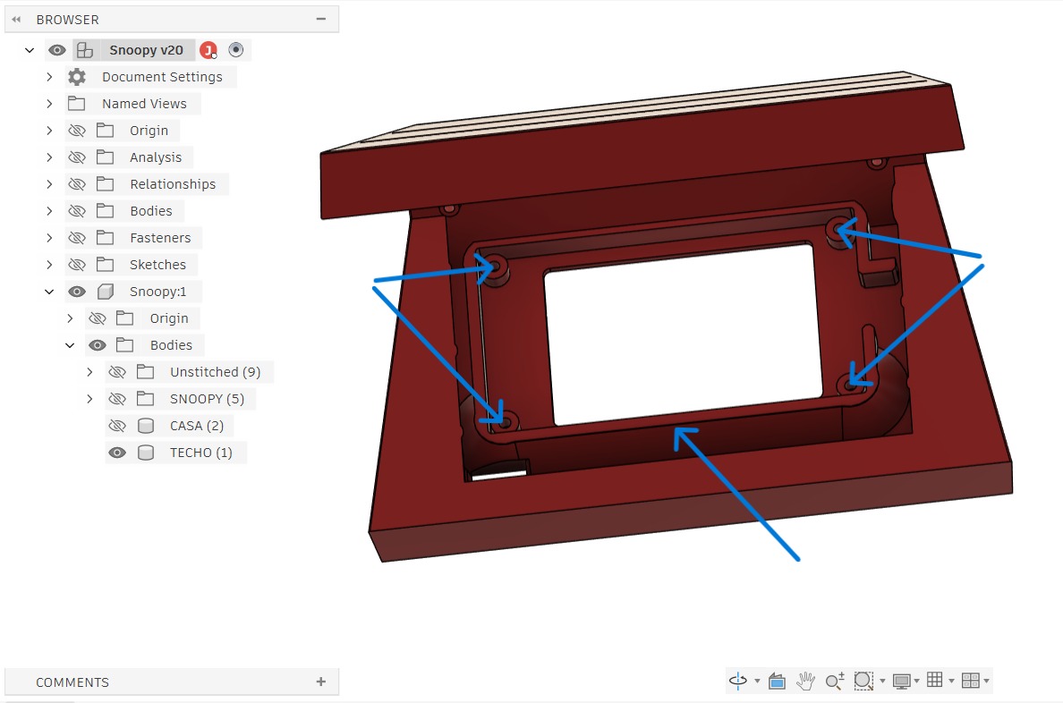 Fusion 360 — TECHO interior: Nextion display mounting frame with four M3 screw bosses