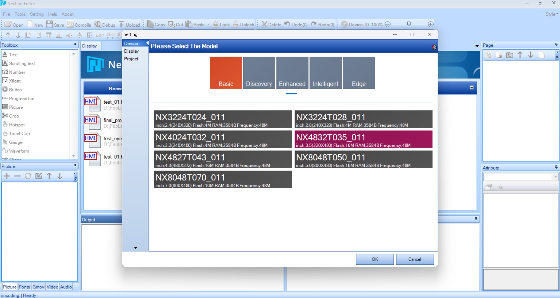 Nextion Editor — Setting dialog showing device model selection with NX4832T035_011 highlighted in pink