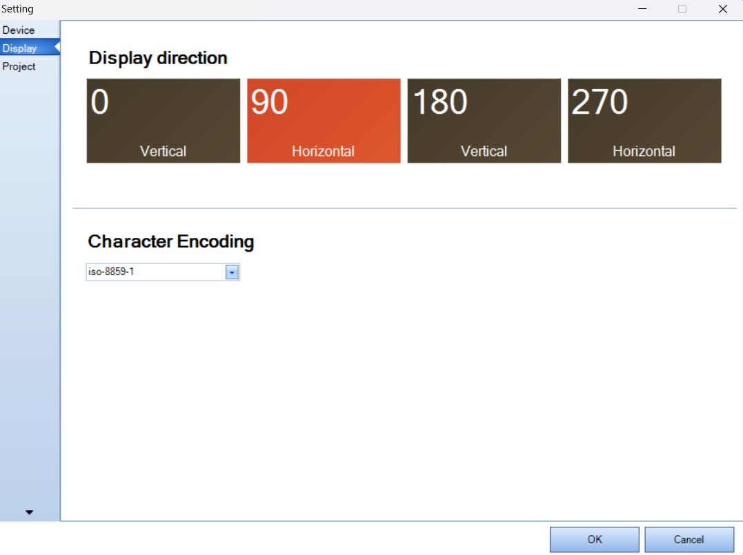 Nextion Editor — Setting Display tab showing 90 Horizontal selected and iso-8859-1 character encoding