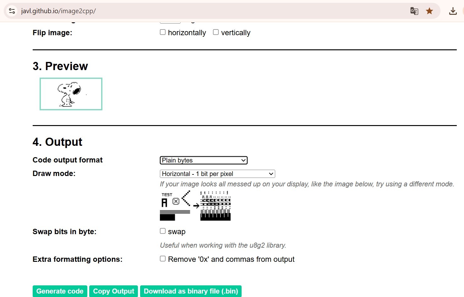 image2cpp tool — preview of Snoopy image and output format settings