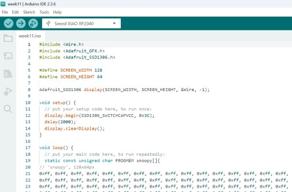 Arduino IDE 2.3.6 with the week11.ino sketch — XIAO RP2040 selected, snoopy byte array visible