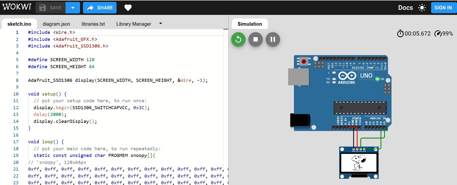 Wokwi — simulation running, Snoopy visible on the simulated OLED display
