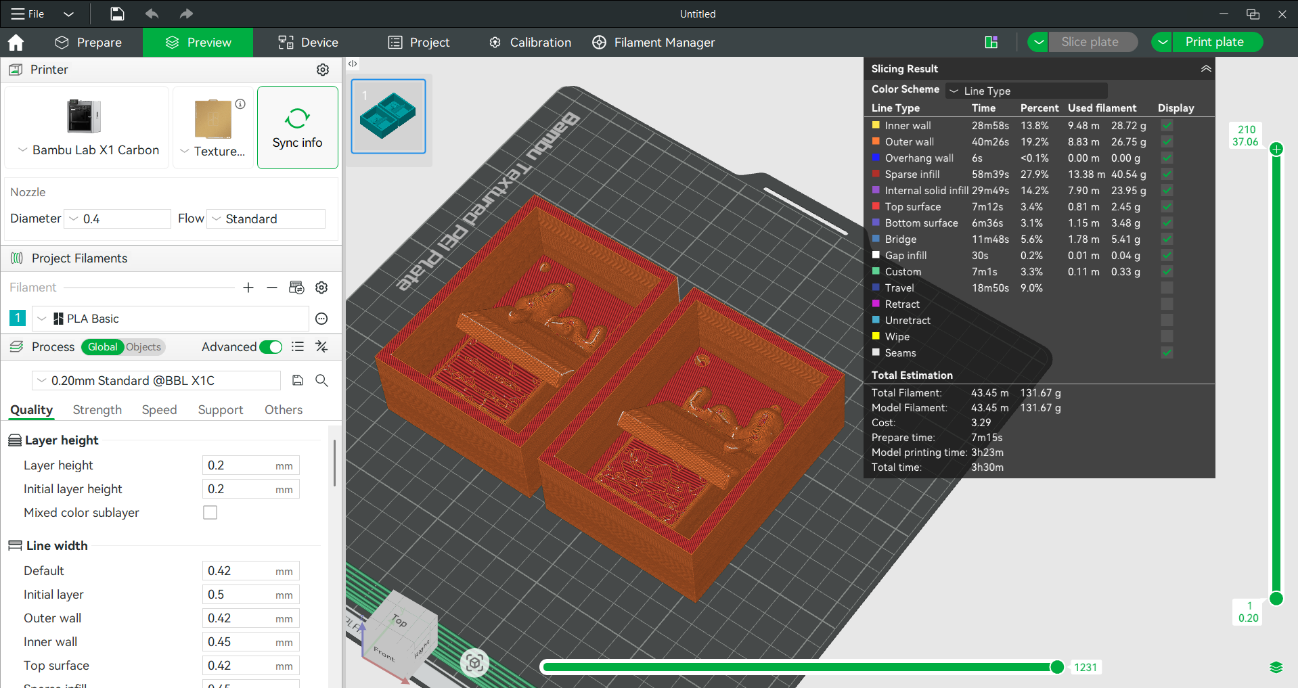 Bambu Studio slicer — both mold halves on the print plate with slicing statistics panel showing 3h 30min and 131.67g