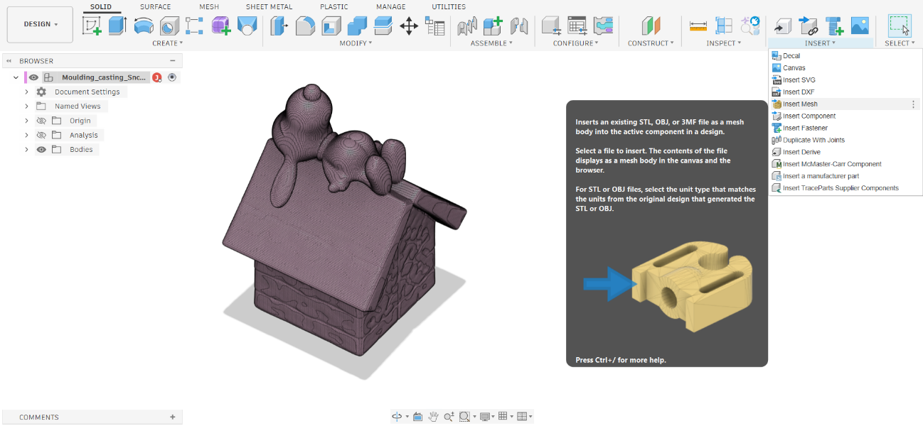 Fusion 360 — Insert Mesh dialog with the Snoopy STL model loaded in the canvas