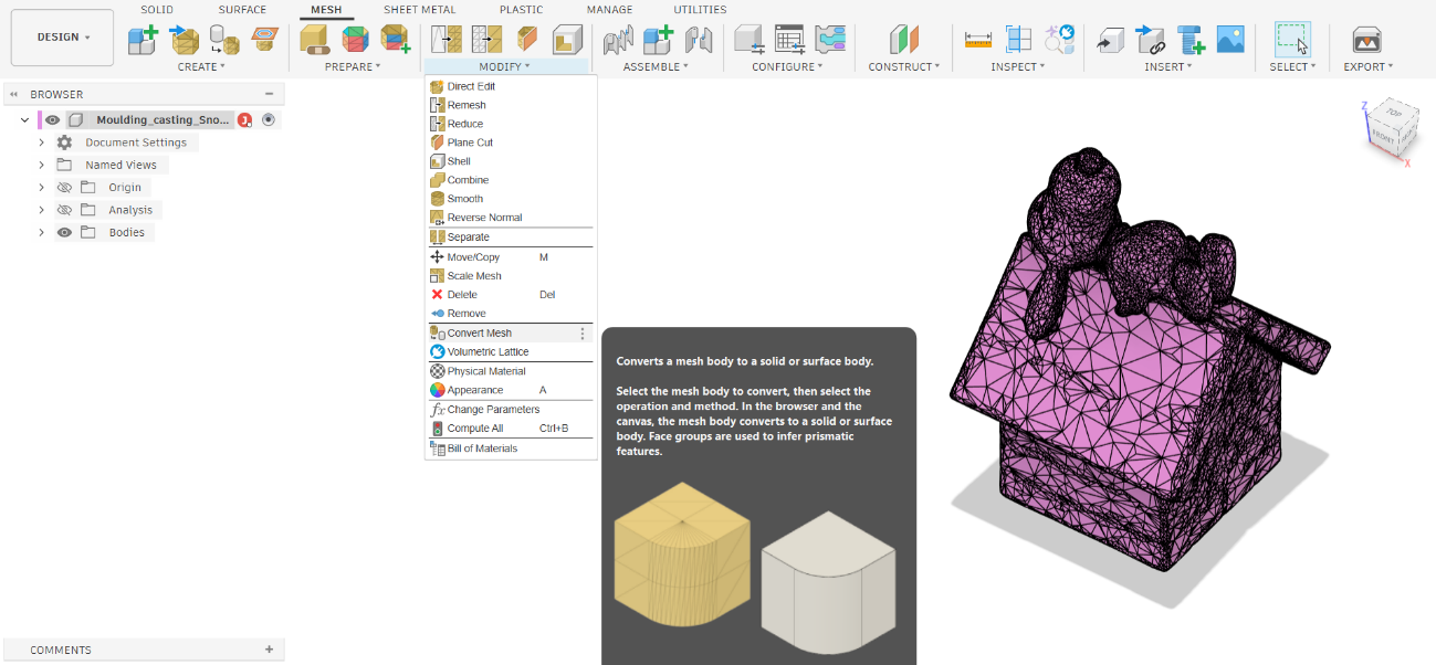 Fusion 360 — Mesh → Convert Mesh dialog, model highlighted in pink as a mesh before conversion