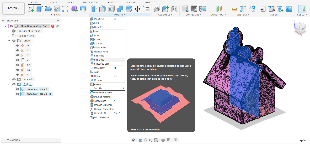 Fusion 360 — Split Body operation, model shown in two colors (pink upper / blue lower) with the Modify menu open