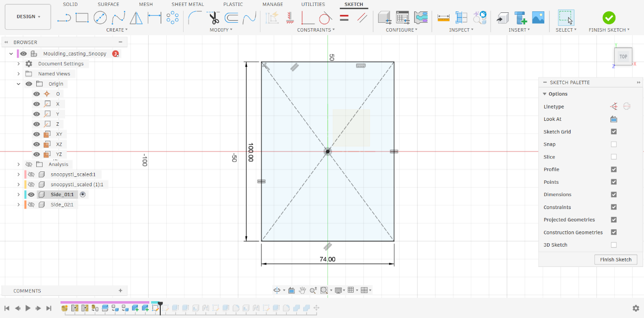Fusion 360 — Top view sketch showing the bounding rectangle (74 × 100 mm) around the model footprint