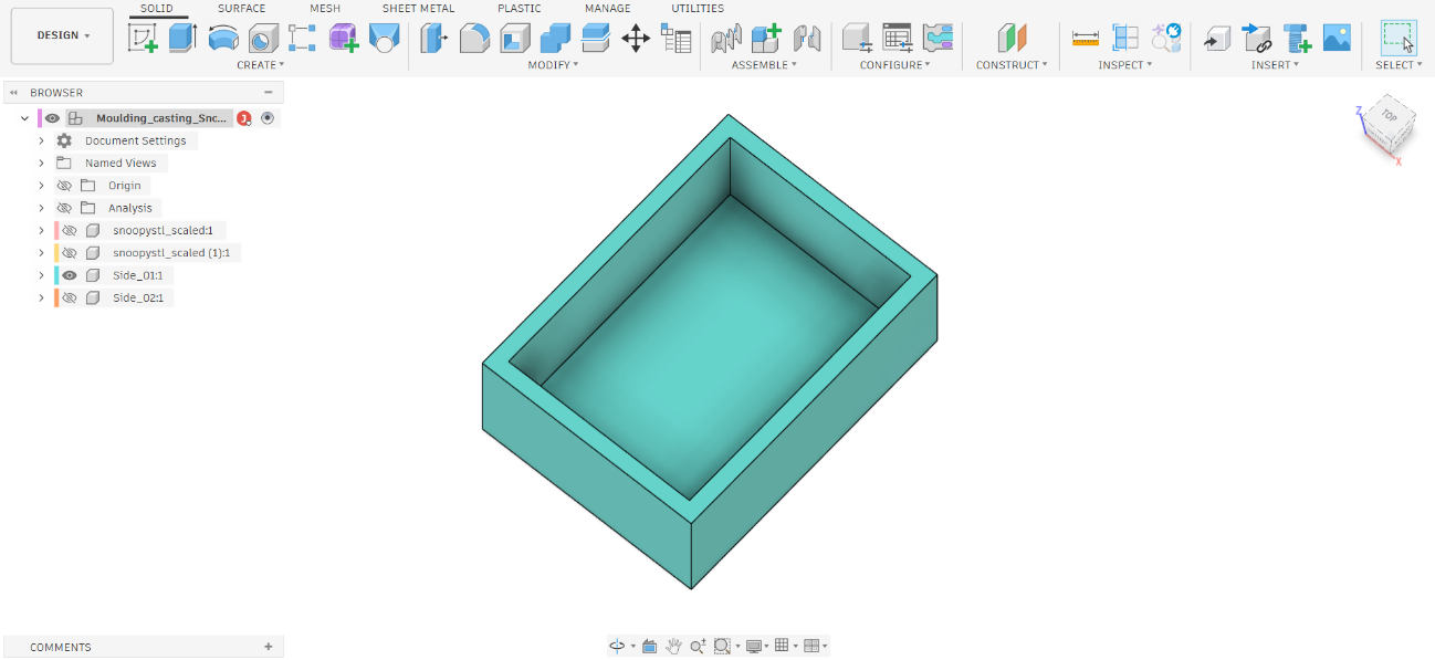 Fusion 360 — Teal hollow box (mold container) after Extrude + Shell operations, isometric view