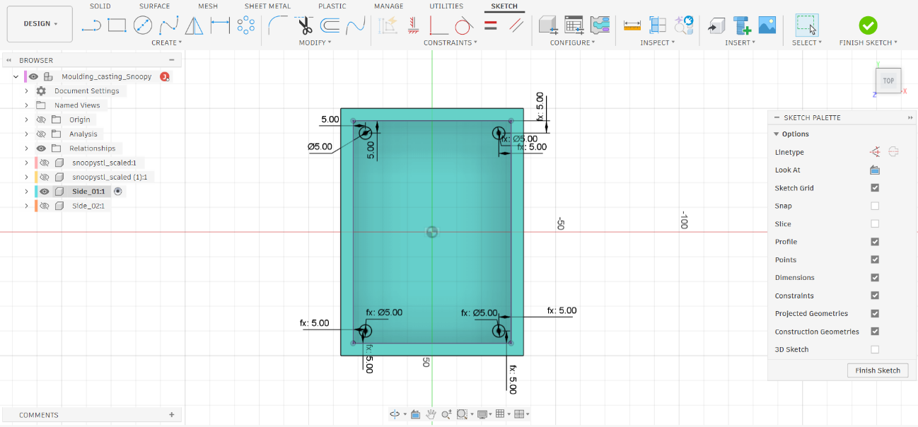 Fusion 360 — Sketch top view showing four Ø5 mm circles at the corners of the mold container interior with 5 mm offset dimensions