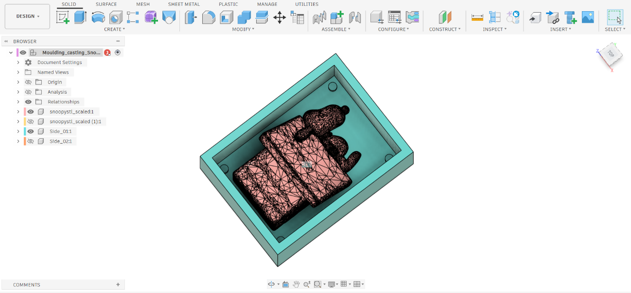 Fusion 360 — Mold container with four extruded registration cylinders visible at the corners, Snoopy mesh inside