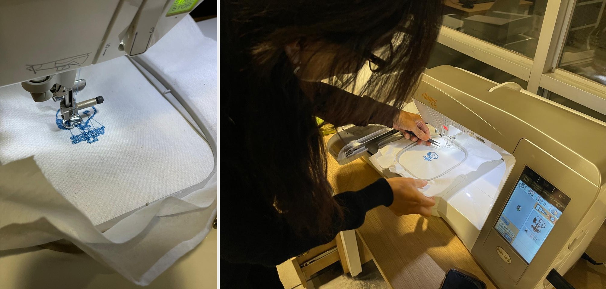 Marita holding the finished embroidery — two views at the Fab Lab