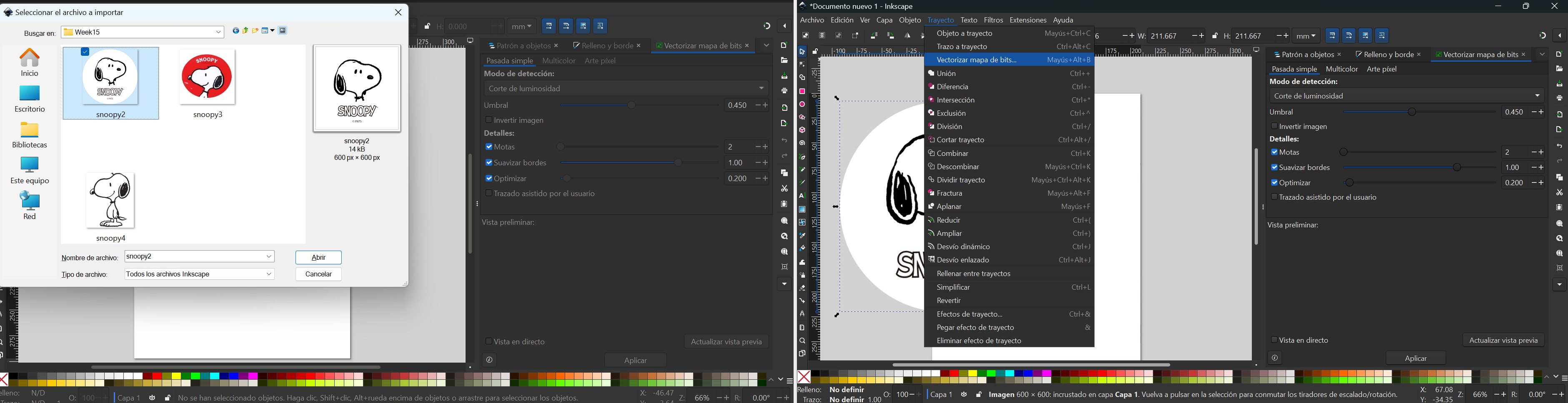 Left: Inkscape file import dialog. Right: Path → Trace Bitmap menu with settings.