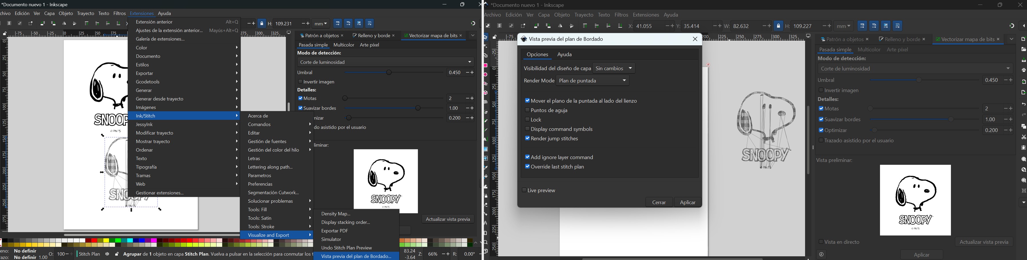 Left: Extensions → Ink/Stitch submenu. Right: Stitch Plan Preview panel with rendered stitches.