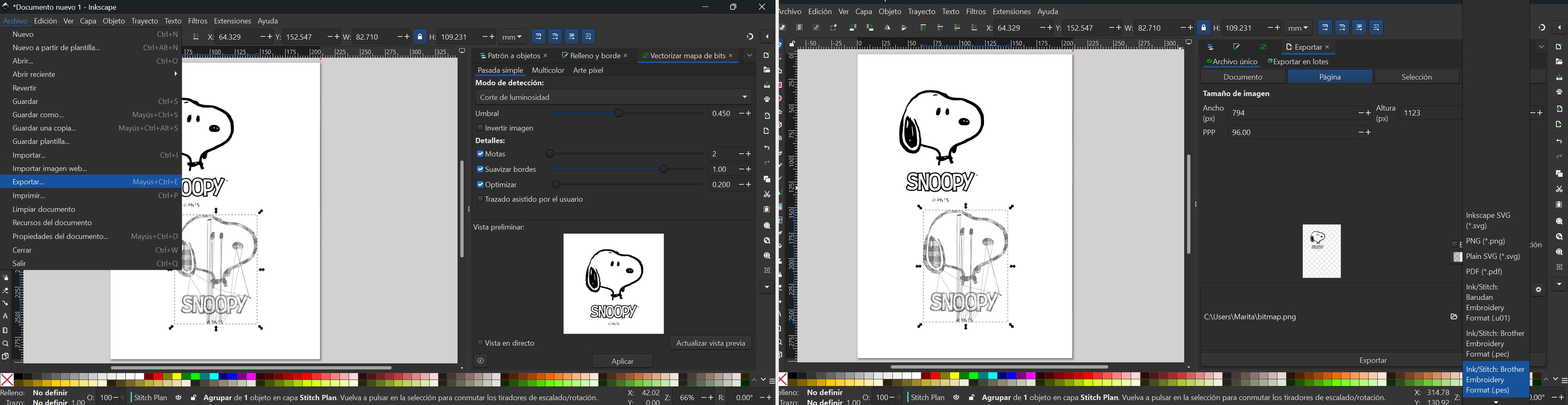 Left: File → Export menu. Right: Export panel with Ink/Stitch Brother .pes format selected.