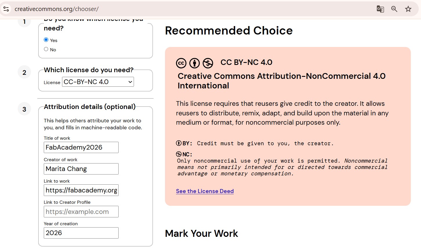 Creative Commons CC BY-NC 4.0 license generated for FabAcademy2026 by Marita Chang