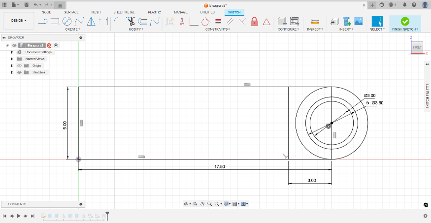 Fusion 360 sketch of the hinge with dimensions