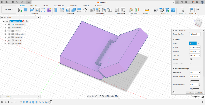 Fusion 360 export view of the hinge model