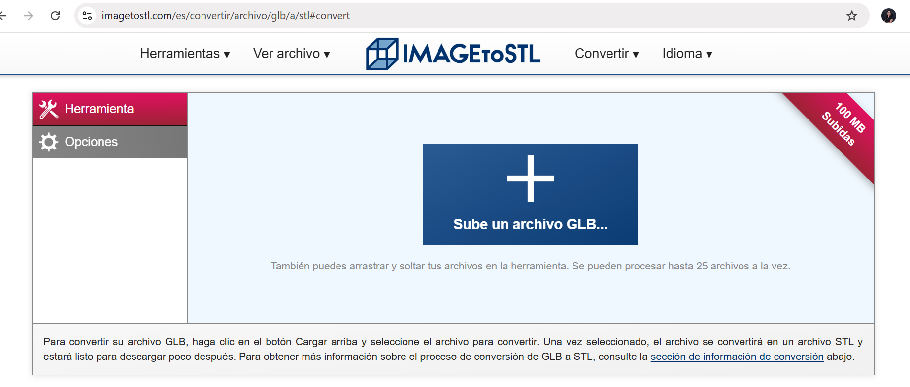 ImageToSTL website used to convert GLB to STL