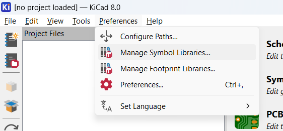 KiCad menu used to manage symbol libraries.