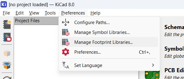 KiCad menu used to manage footprint libraries.