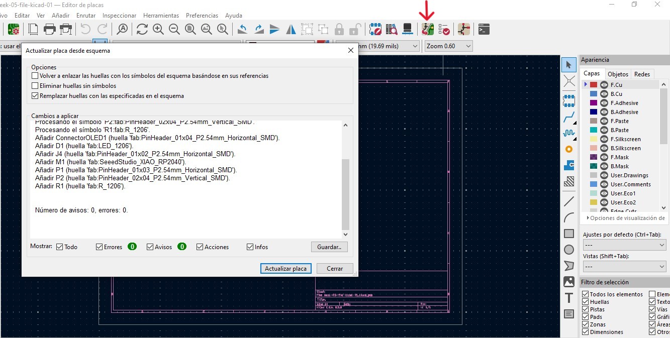 Updating the PCB from the schematic to load the footprints.