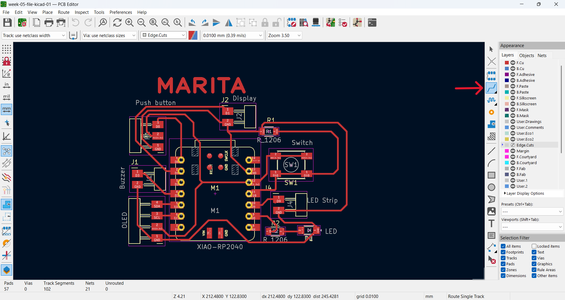 Manually routed PCB design on the front copper layer.