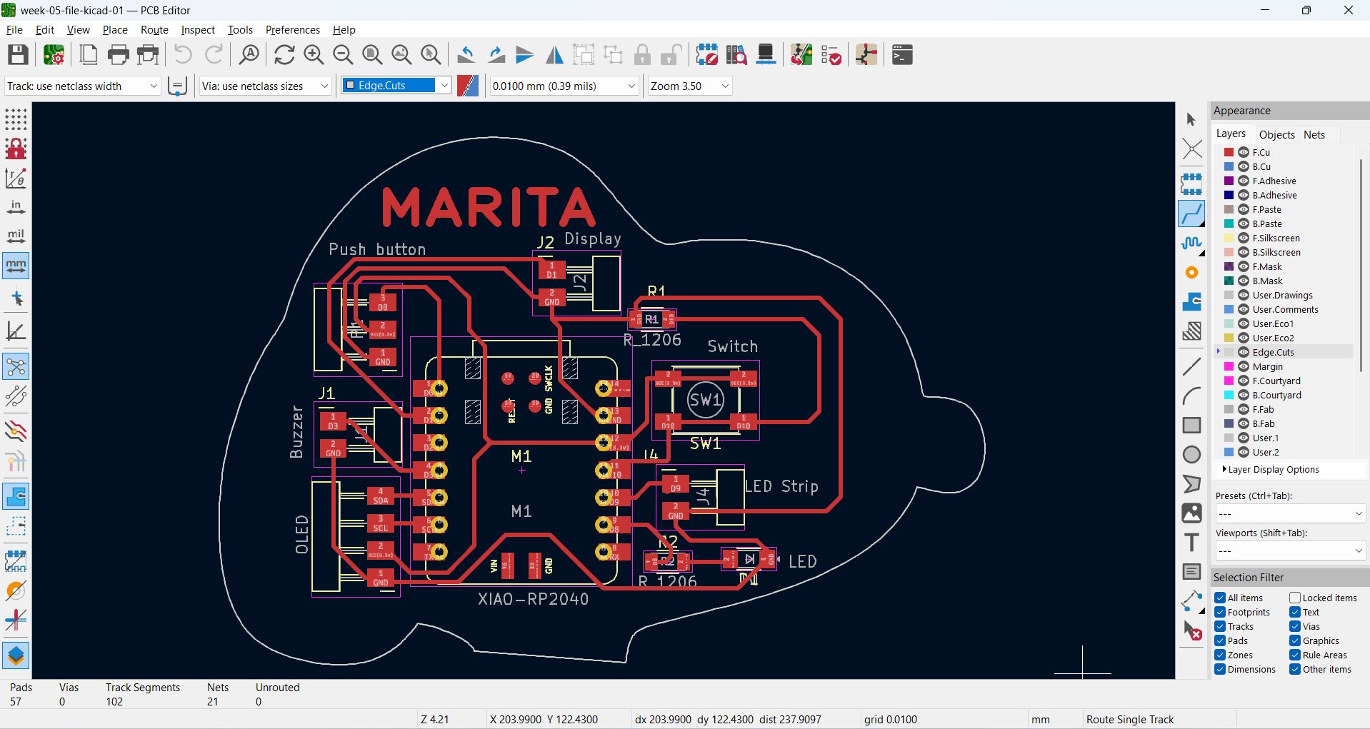 Final custom board outline drawn on the Edge.Cuts layer.